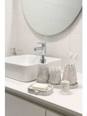 UltraMint Mermer Dokulu 6 Parça Lüks Banyo Seti: Sabunluk, Fırçalık, Mumluk, Kulaklık Kabı, Oval Tepsi