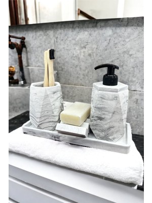 UltraMint Mermer Desenli 4 Parça Banyo Seti, Sabunluk, Diş Fırçalık ve Tepsi