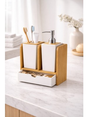 UltraMint Bambu Çekmeceli Banyo Aksesuar Seti, Sıvı Sabunluk ve Diş Fırçalık Organizer