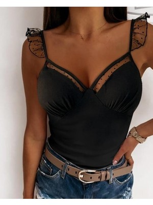 Başak Collection Kadın Askılar Tül Işlemeli Kalp Yaka Tül Detay Dalgıç Bluz