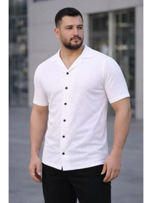 Başak Collection Erkek Waffle Kumaş Kısa Kollu Düğmeli Açık Yaka Regular Fit Gömlek - Beyaz