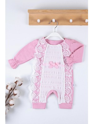 Hazego Gofralı Fransız Güpürlü % 100 Pamuk Kız Bebek Tulumu