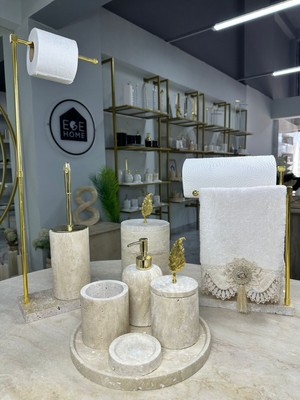 UltraMint Şık ve Dayanıklı 9 Parça Traverten Mermer Banyo Seti