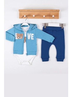 Hazego Love Bear Nakışlı % 100 Pamuk Hırkalı 3'lü Erkek Takım