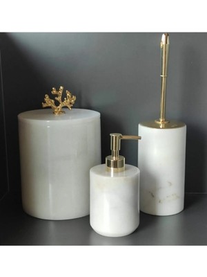 UltraMint Beyaz Mermer 3'lü Banyo Seti: Çöp Kovası, Wc Fırçası, Sıvı Sabunluk