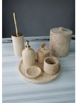 UltraMint Şık ve Doğal Traverten Mermer 7'li Banyo Seti, Zarif Tasarım