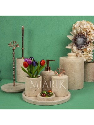 UltraMint Şık Traverten Mermer Mercan Detaylı 8'li Banyo Seti Takımı