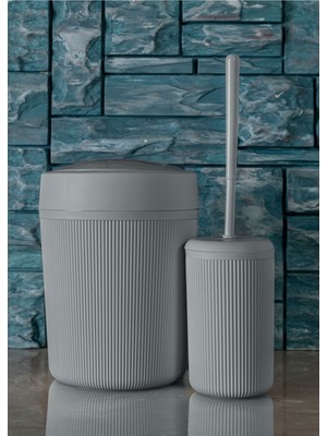 UltraMint 2'li Banyo Seti, Kapaklı Çizgili Çöp Kutusu ve Fırça Seti, 7 Lt