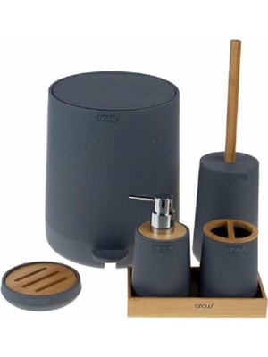 UltraMint Bambu Kapaklı Akrilik 6 Parça Yuvarlak Banyo Seti Gri