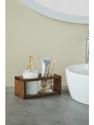 UltraMint Ahşap ve Cam Tasarımlı Şık Banyo Seti, Sıvı Sabunluk ve Diş Fırçalık