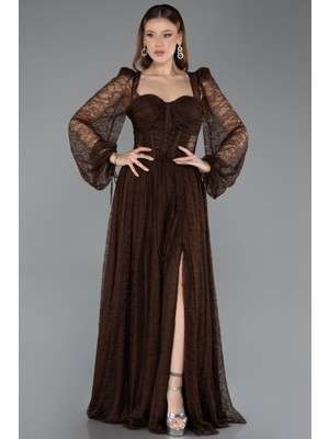 Abiyefon Dantelli Uzun Kol Bacak Dekolteli Abiye Elbise ABU5334