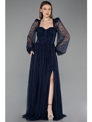 Abiyefon Dantelli Uzun Kol Bacak Dekolteli Abiye Elbise ABU5334