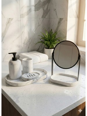 UltraMint Şık Banyo ve Makyaj Seti, Beyaz Tepsi, Ayna ve 3 Parça Renkli Set