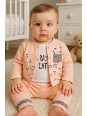 Hazego Kedi Desenli 3'lü Hırkalı Kız Bebek Takım