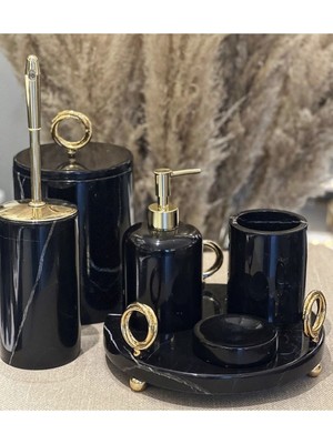 UltraMint Şık Siyah Mermer ve Gold Detaylı 7 Parça Banyo Seti