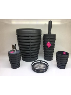 UltraMint Primanova Palm 5 Parça Yuvarlak Çöp Kovası Banyo Seti Antrasit Gri