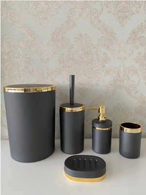 UltraMint Şık 5 Parça Antrasit Gold Mat Banyo Seti, Wc Fırçalık, Sabunluk, Çöp Kovası