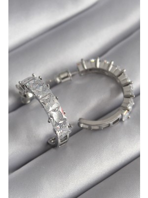 Nuveden Ieg™ Pirinç Gümüş Renk Zirkon Taşlı Halka Model Kadın Küpe NVDN-RSBJT34