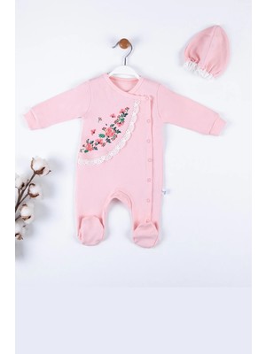 Hazego Çiçek Nakışlı Şapkalı % 100 Pamuk Kız Bebek Tulumu