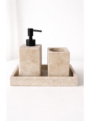 UltraMint Doğal Traverten Taş Banyo Seti, Sıvı Sabunluk ve Diş Fırçalık