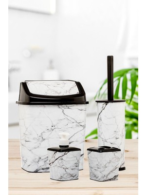 UltraMint Banyo 3'lü Set, Beyaz Mermer Desenli, Çöp Kovası, Tuvalet, Fırça ve Sabunluk