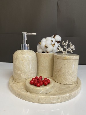 UltraMint Şık 5'li Mermer Banyo Seti Bej ve Silver Renklerde, Zarif Tasarım