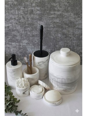 UltraMint Şık Mermer Desenli Siyah Pompa ve Beton Banyo Seti