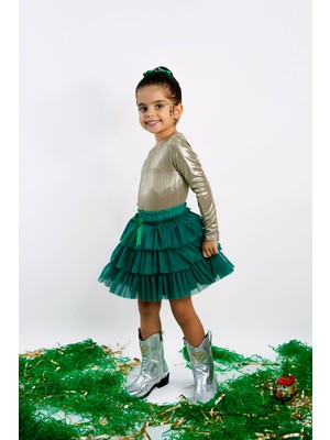 Duca Işıltılı Uzun Kollu Çıtçıtlı Zıbın Body ve Kat Kat Tül Etek Takım