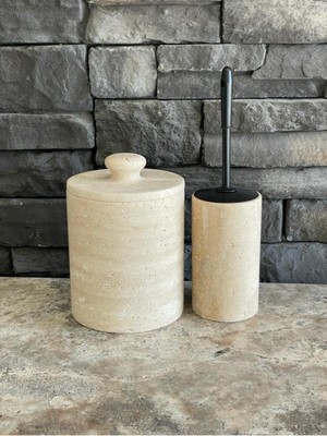 UltraMint Şık Traverten Doğal Taş Çöp Kovası ve Wc Fırçası Seti, Mat Siyah Fırça