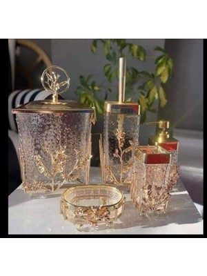 UltraMint Şeffaf Cam 5’li Banyo Seti, Çok Çiçekli Gold Pirinç Tasarımı