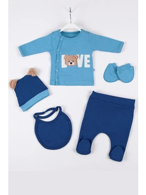 Hazego Love Bear Nakışlı 5'li % 100 Pamuk Erkek Bebek Hastane Çıkış Seti