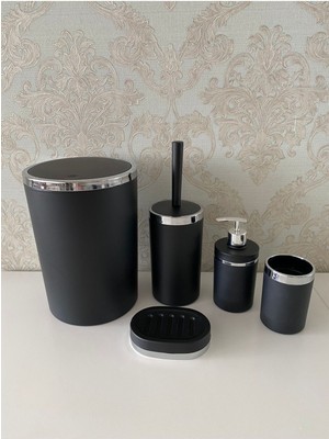 UltraMint 5 Parça Siyah Gümüş Mat Banyo Seti: Wc Fırçalık, Sabunluk, Çöp Kovası