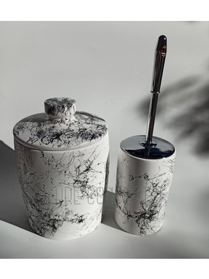 UltraMint Şık Siyah Beyaz Desenli Banyo Çöp Kutusu ve Tuvalet Fırçası Takımı