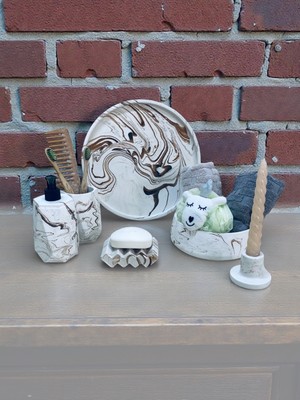 UltraMint 6 Parça Mermer Desenli Dekoratif Beton Banyo Seti, Şık ve Dayanıklı Tasarım