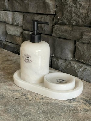 UltraMint Şık Beyaz Mermer Sıvı Sabunluk ve Oval Tepsi, 3'lü Siyah Aksesuar Seti