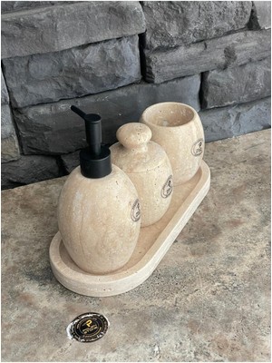 UltraMint Bej Traverten Oval Banyo Seti, Pamukluk, Diş Fırçalık, Sıvı Sabunluk, Oval Tepsi