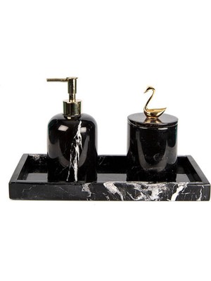 UltraMint Siyah Mermer ve Altın Detaylı Dikdörtgen Tepsi Seti, 3'lü Banyo Takımı