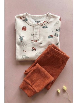 Cigit Çiftlik Desenli Zıbın Takım 0-3 Yaş Bej