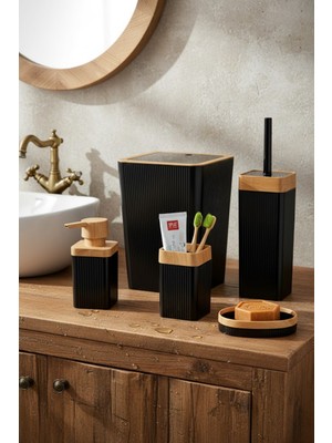 UltraMint Şık 5'li Siyah Ahşap Desenli Çizgili Banyo Seti