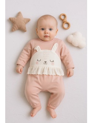 Hazego Tavşan Nakışlı Güpürlü % 100 Pamuk Kız Bebek Tulum