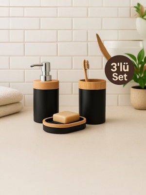 UltraMint Bambu Görünümlü 3'lü Banyo Seti: Sabunluk, Diş Fırçalık ve Sıvı Sabunluk
