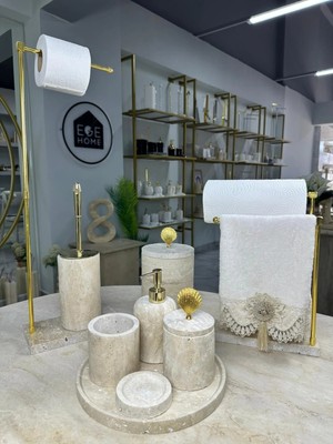 UltraMint Şık 9 Parça Traverten Mermer Banyo Seti, Zarif ve Dayanıklı Tasarım