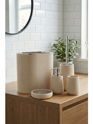 UltraMint Şık Krem Çizgili 5 Parça Banyo Aksesuar Seti