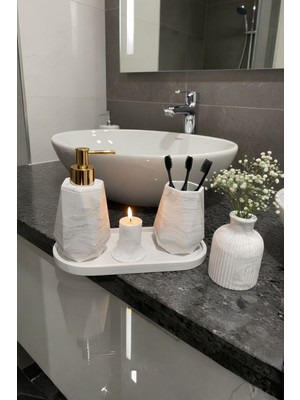 UltraMint Şık Mermer Dokulu 5 Parça Banyo Seti: Sabunluk, Fırçalık, Tepsi, Mumluk, Vazo