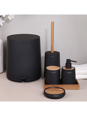 UltraMint Şık Siyah Mat Bambu Banyo Aksesuar Seti, 5 Parça, Modern ve Fonksiyonel