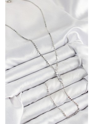 Pirinç Zirkon Taşlı Ezme Zincirli Model Gümüş Renk Y Kolye - Lisinya