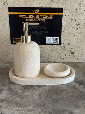 UltraMint Traverten 3’lü Banyo Seti, Sıvı ve Katı Sabunluk, Oval Tepsi