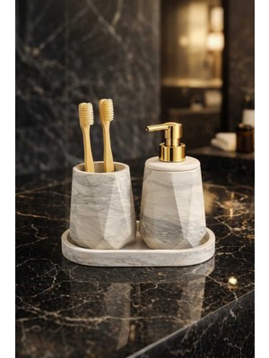 UltraMint Mermer Desenli 3 Parça Beton Banyo ve Wc Seti, Sıvı Sabunluk ve Diş Fırçalık