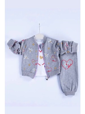 Hazego Kalp Desenli Hırkalı Pamuklu 3'lü Kız Bebek Takımı