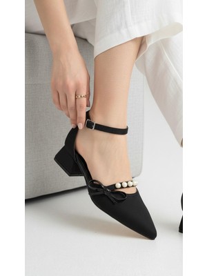 Kadın Arin Sivri Burun Bilekten Bağlamalı Fiyonk ve Inci Detaylı 3 cm Topuk Klasik Ayakkabı